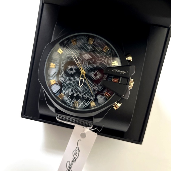 ED HARDY Oversized Skull Beaded Dial Wristwatch Gray Black Mesh Strap Watch - Picture 6 of 7